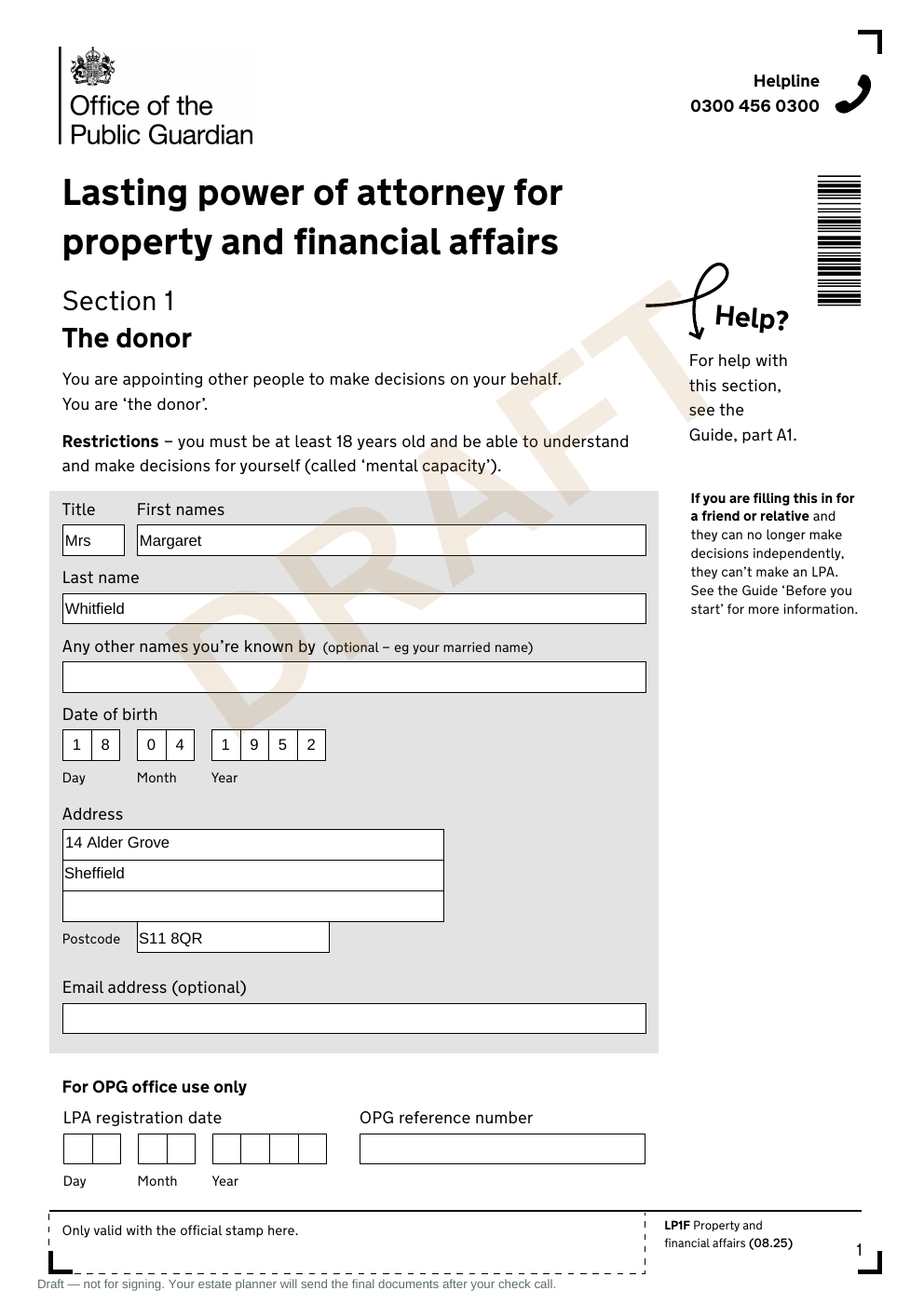 Section 1 of the official OPG form LP1F, filled in with the donor's name, date of birth and address, watermarked as a draft